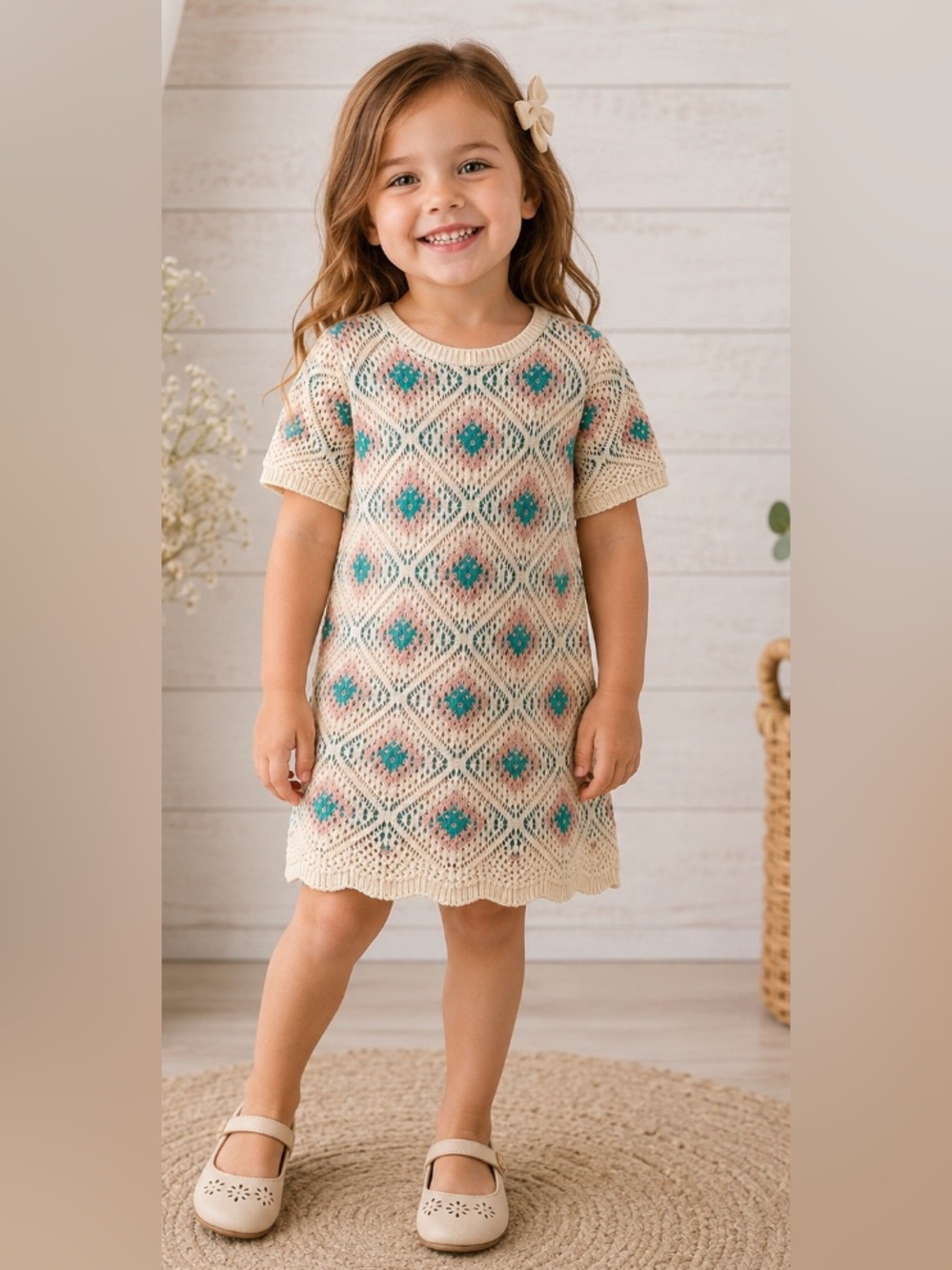 Adorable Girls Crochet Knit Dress with Teal and Pink Diamond Pattern 4T